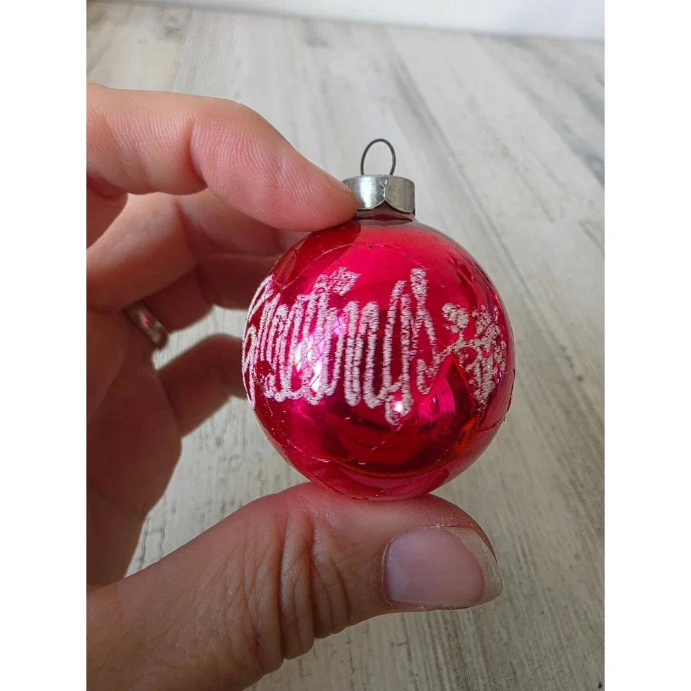Vintage seasons greetings stencil red glass ornament Xmas tree